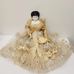 Antique Porcelain China Doll Germany Gold Lace Dress 15" Black Hair Blue Eyes - Picture 1 of 13