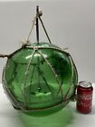 Vtg Large 12" D Green Thin Blown Glass Japanese Fishing Float Rope Net Buoy Exc