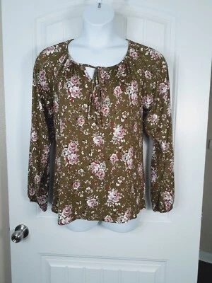 NWT DoublJu Ladies XL Longsleeve Olive Green Floral Soft Stretchy Blouse - Image 1 of 4