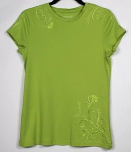 Coldwater Creek Embroidered Top Green Short Sleeve T-shirt Size S 100% Cotton - Picture 1 of 9