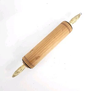 Vtg Rolling Pin Carved Stripes Wood Rustic Decorative White Handles 14" Rare HTF - Picture 1 of 9