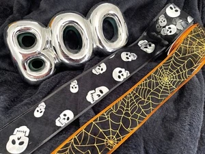 HALLOWEEN - SPIDERS WEB or SPOOKY SKULLS sheer organza - Luxury Wire Edge Ribbon - Picture 1 of 19