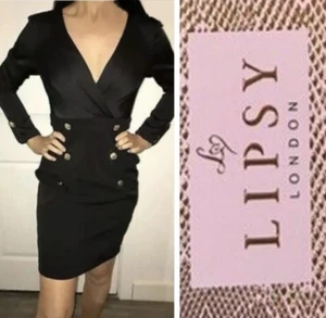 Lipsy Black Tuxedo Pencil Dress 16 Button Front Tux Party Occasion Long Sleeve - Picture 1 of 22