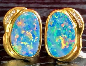 LARGE GIA 18k gold Australian Opal Earrings Diamond $5,5K VIDEO Lever back CLASS - Picture 1 of 21
