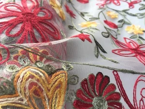 Embroidered French Lace, 'Gatsby' Red (per metre) dress fabric, sewing - Picture 1 of 7