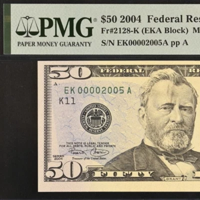 2004 $50 Federal Reserve Note PMG 63 - Fancy Birthday Serial Number 00002005 - Image 1 of 3