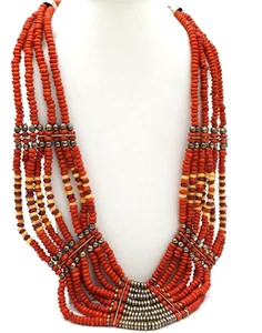 COLLANA ETNICA MULTIFILO , PERLINE METALLO BERBERO , OSSO , CORNO E LEGNO - Foto 1 di 8