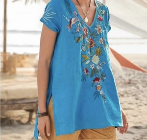 Johnny Was Sundance Catalog Blue “Nohea Linen Draped Tunic” Large $240 - Picture 1 of 9