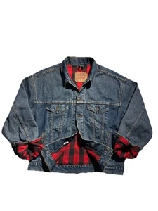 VTG Levi's Men’s Buffalo Plaid Red Flannel Lined Denim Trucker USA Jacket Size L - Picture 1 of 10