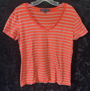 Tommy Hilfiger Damen-T-Shirt Large orange schwarz V-Ausschnitt Baumwolle  - Bild 1 von 5