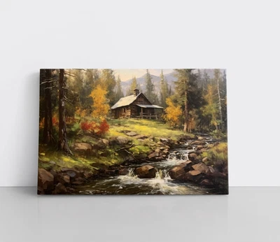 Impresión de pintura de paisaje Mountain Cabin Creek lienzo enmarcado arte natural rústico Foto 1 de 4