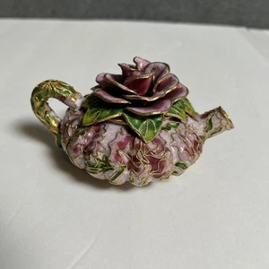 Vintage Miniatur Emaille Cloisonné Teekanne Blumen Rosen 4,25" Gold Rosa Grün - Bild 1 von 8