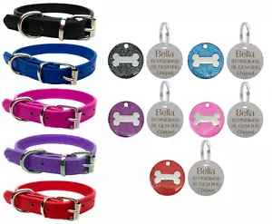 Vibrant Leather Dog Collar for Puppy, Dogs & Personalised Glitter Bone Pet Tag - Picture 1 of 12