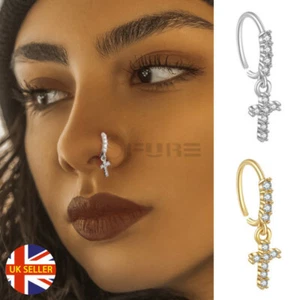 1x Silver Gold Plated Cubic Zirconia Cross Dangle Nose Ring Septum Hoop Piercing - Picture 1 of 26