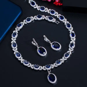 Conjunto de joyas pendientes huggie collar ovalado hoja circonita azul real para novias boda - Imagen 1 de 6
