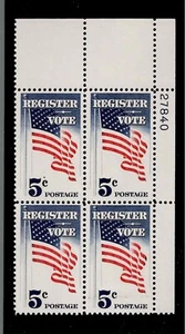 US Scott #1249, Plate Block #27840 1964 Vote 5c FVF MNH Upper Right - Picture 1 of 1