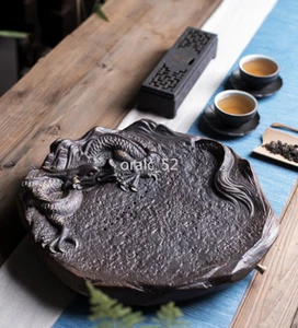 Ceramic Chinese Dragon Tea Tray Round Water Storage Drip Drainage Serving Tray - Picture 1 of 8