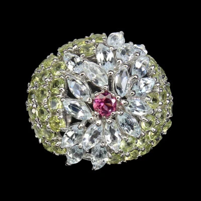 925 Sterlingsilber Ring Aquamarin Peridot Rhodolith Natur Edelstein Schmuck 9 - Bild 1 von 4