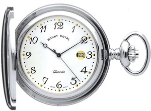 Taschenuhr verchromt Volljäger mit Datumsquarzwerk Albertkette - Bild 1 von 4