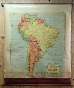 Vintage Cram's South America Map Pull Down Roll Up 51" x 62" Markable Washable - Picture 1 of 10
