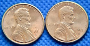 1991-D 1992-D - RED GEM BU - Lincoln Memorial Cent #N743 - Foto 1 di 3