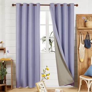 Blackout Eyelet Curtains W46" x L90" Purple Faux Linen Pair - New - Picture 1 of 4