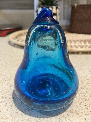 Vintage Hand Blown Glass Pear Paperweight Cobalt Blue Controlled Bubbles - Image 1 of 4
