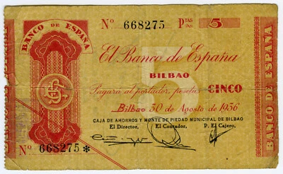 # SPAIN CIVIL WAR 1936 •  5 PTS. BILBAO • EUZKADI ☆ GUERRA CIVIL ESPAÑOLA ☆D0581 - Image 1 of 2