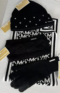 $199 Michael Kors Juego de 4 piezas BUFANDA, SOMBRERO, GUANTES (3 piezas) + CINTA Blanco y Negro * - Imagen 1 de 5