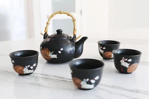 Eastern Folk Zen White Moon Rabbit Hase schwarz Keramik Teekanne mit 4 Tassen Set - Bild 1 von 4