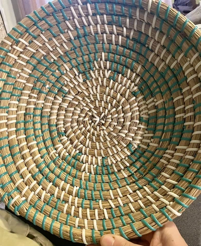 Basket Decorative Hanging Handwoven SeaGrass Turquoise White Design 12" Diameter Cover