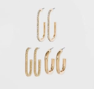 Sugarfix by Baublebar Gold Tone Huggie Hoop Earring Set 3 Pair Oblong Stud Back - Picture 1 of 5