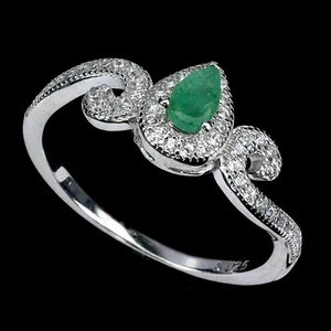 925 Sterling Silver Ring Pear Emerald 5x3mm Natural Gemstone Jewelry Size 8 - Picture 1 of 13