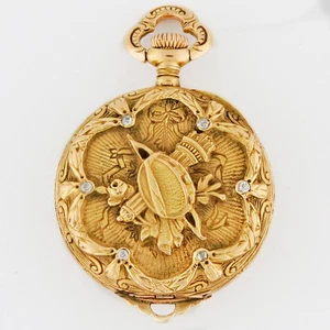 Reloj Longines Oro 14K Alto Relieve Pandereta Arco y Antorcha Cupido Colgante 26mm DE - Imagen 1 de 8