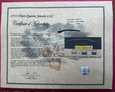 Moneda de mazorca 1715 Fleet Queens Jewels artefacto naufragio mango de plata certificado Foto 1 de 4