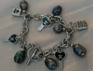 Authentic CHANEL Bracelet toggle chain black beads with lock and key charms - Picture 1 of 2