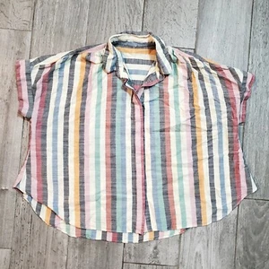 Madewell Hilltop Button Up Short Sleeve Shirt in Rainbow Stripe Cotton Blend  - Picture 1 of 7