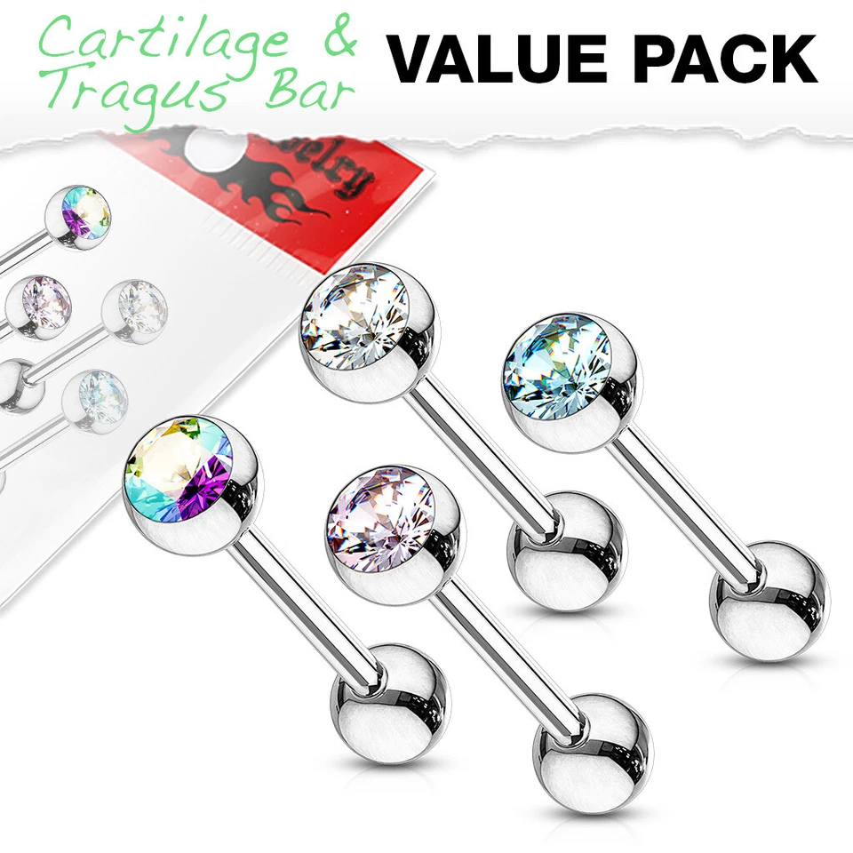 4 Confezione Di Cartilagine Barra Tragus Bottone Piercing Con Set Gemme Surgical - Immagine 1 di 1
