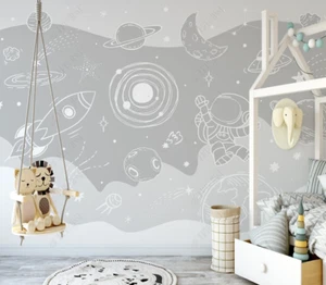 3D Cartoon Astronaut Planet Moon Self-adhesive Removeable Wallpaper Wall Mural - Picture 1 of 10