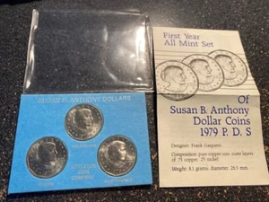 Susan B. Anthony Dollar 1979 Set, 3 ""P, D, S"", BU, Halter, Broschüre, reduziert $ 7 - Bild 1 von 12
