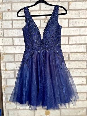 Banquet HOCO Dress Navy Tulle Rhinestone Short Formal Small GB Formals - Image 1 of 4