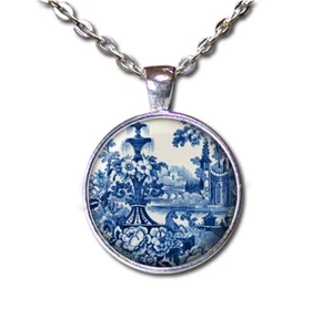 Delft Blue White Garden Design - Handmade ROUND Glass Pendant Necklace - Picture 1 of 10