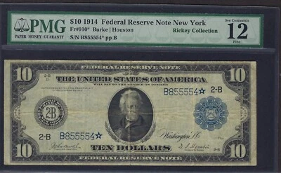 🇺🇸 1914 $10 "NEW YORK" BURKE&HOUSTON ♚STAR♚ ♚STAR♚ PMG FINE 12 - Image 1 of 2