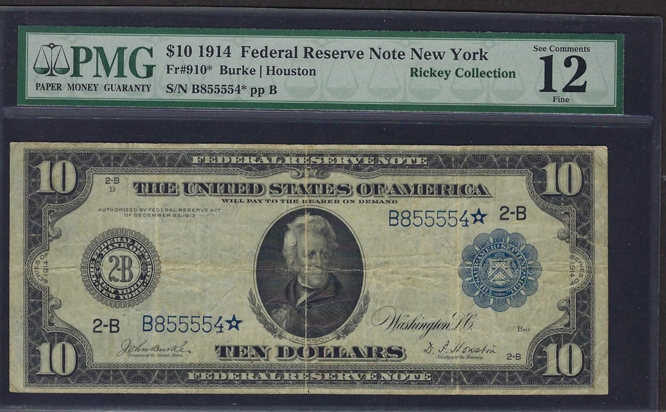 🇺🇸 1914 $10 "NEW YORK" BURKE&HOUSTON ♚STAR♚ ♚STAR♚ PMG FINE 12 - Image 1 of 2