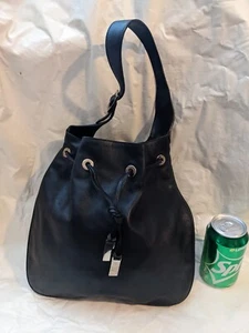 GUCCI 001 4030 02058 Black Leather Nylon Drawstring Shoulder Bag  Black - Picture 1 of 12