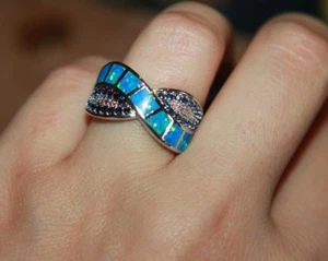 inlaid fire opal Cz ring gemstone silver jewelry 6.5 8.25 cocktail wedding band - Picture 1 of 7