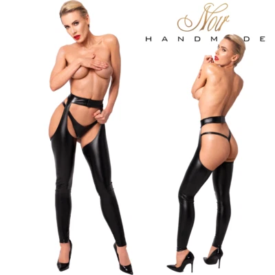 Noir Handmade Wet Effect Open Crotch & bum Leggings BDSM Pants crotchless pants - Image 1 of 4