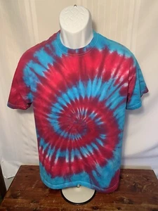 Tie Dye Red Blue T Shirt Adult Medium 100% Cotton Hippie Psych Rainbow 60s 70s - Picture 1 of 12