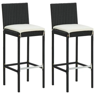 Black Poly Rattan Bar Stools w/ Cushions Set of 2 40x44x108 Powder-Coated Steel - Image 1 of 4