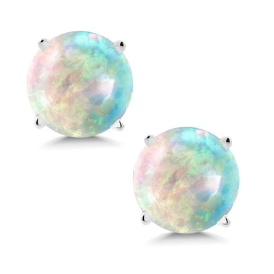 0.60 Ct Round Cabochon 6mm White Simulated Opal 14K White Gold Stud Earrings - Image 1 of 4